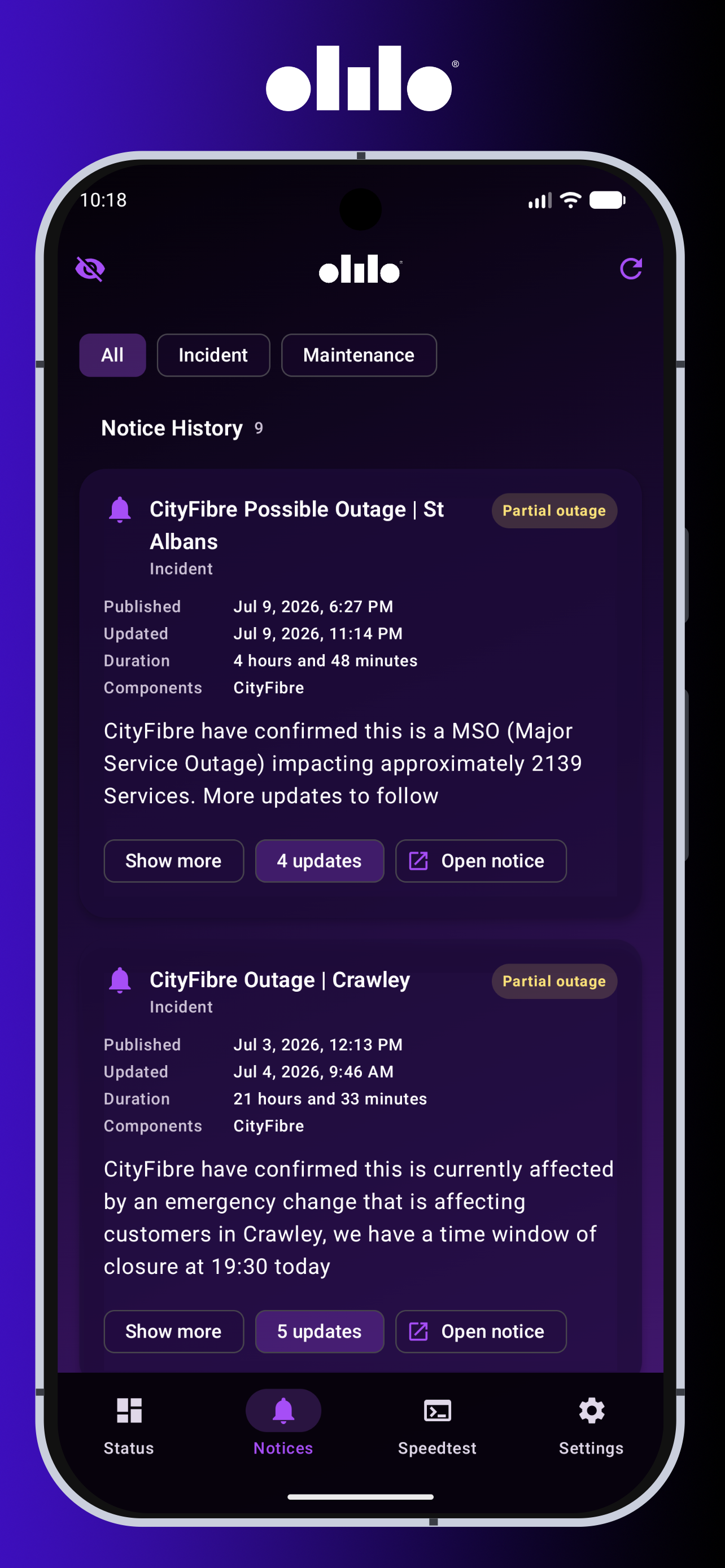 Olilo Status Android incidents screenshot